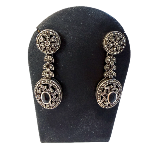 Vintage Solid Silver Marcasite Onyx Earrings.