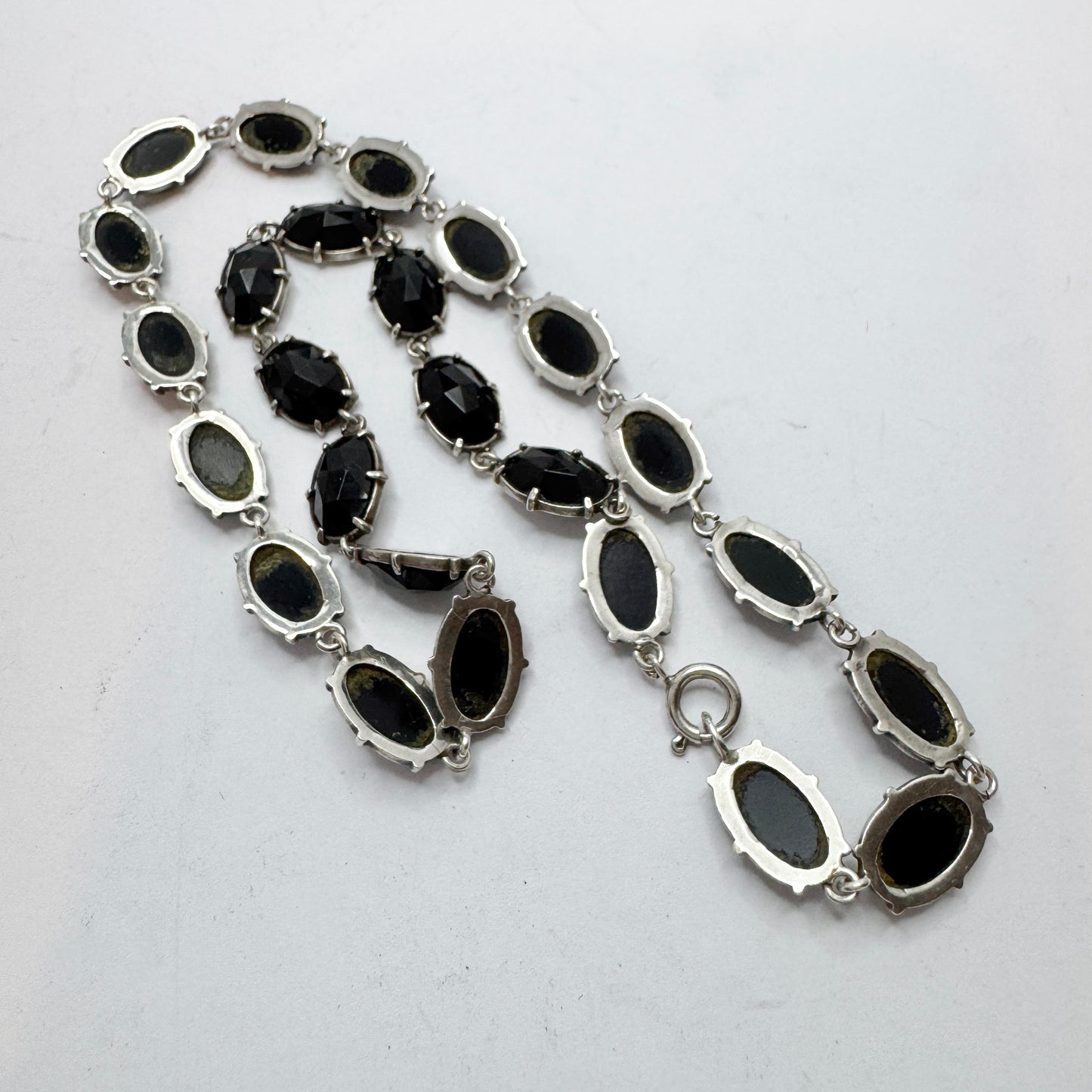 Sweden ca 1930s. Vintage Solid Silver Onyx Rivière Necklace.