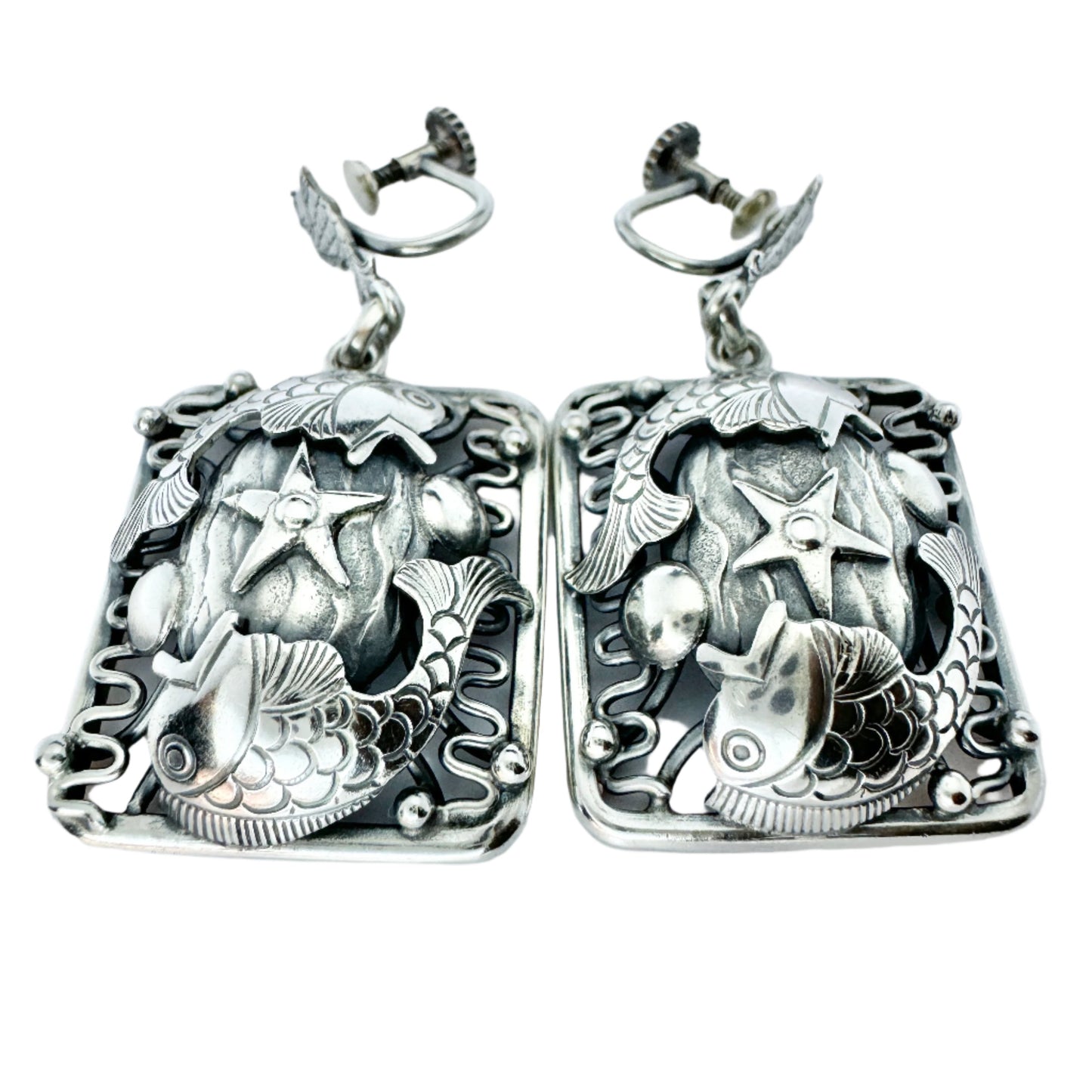 Leif Ulrich Daurup, Denmark c 1950s. Vintage Sterling Silver Fish Earrings.