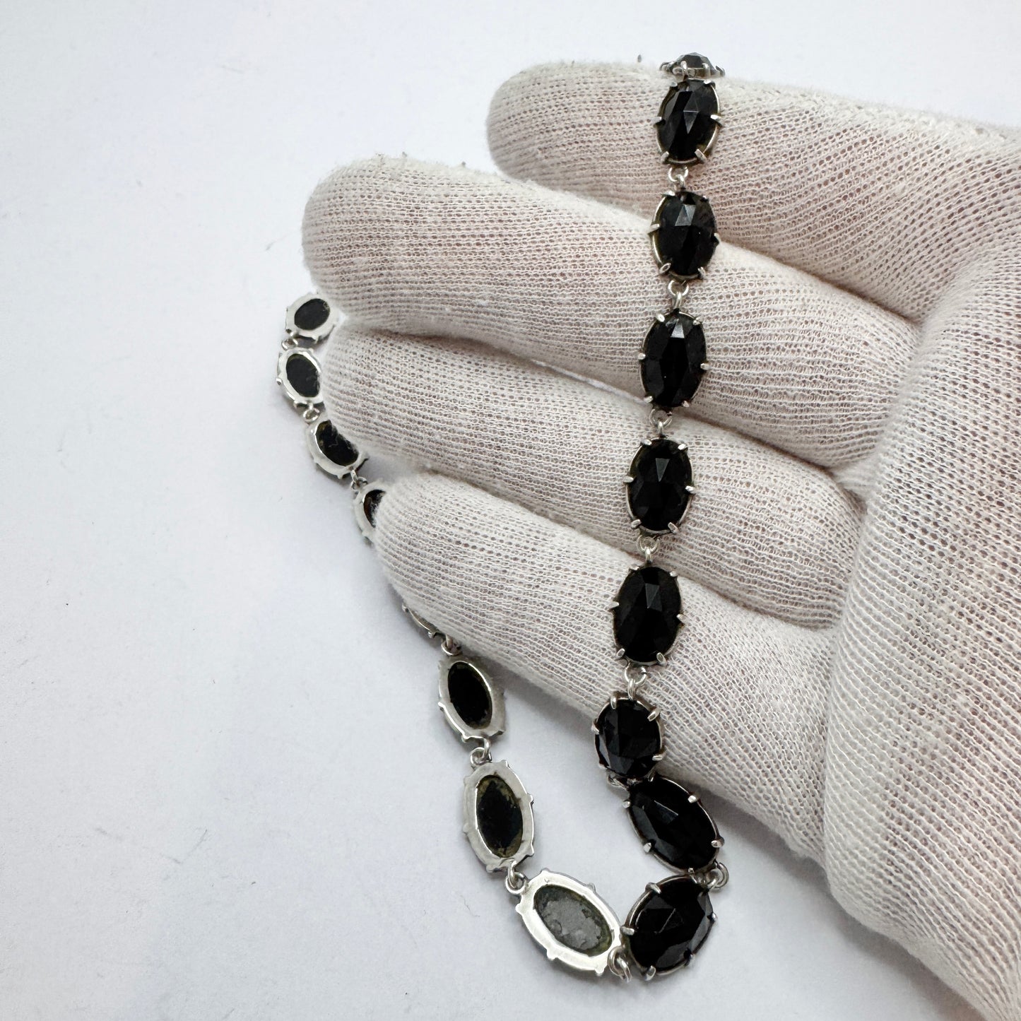 Sweden ca 1930s. Vintage Solid Silver Onyx Rivière Necklace.