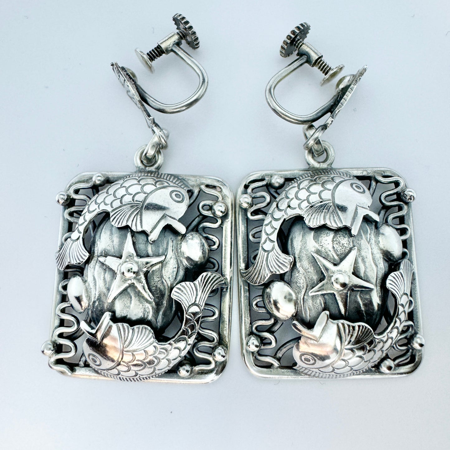 Leif Ulrich Daurup, Denmark c 1950s. Vintage Sterling Silver Fish Earrings.