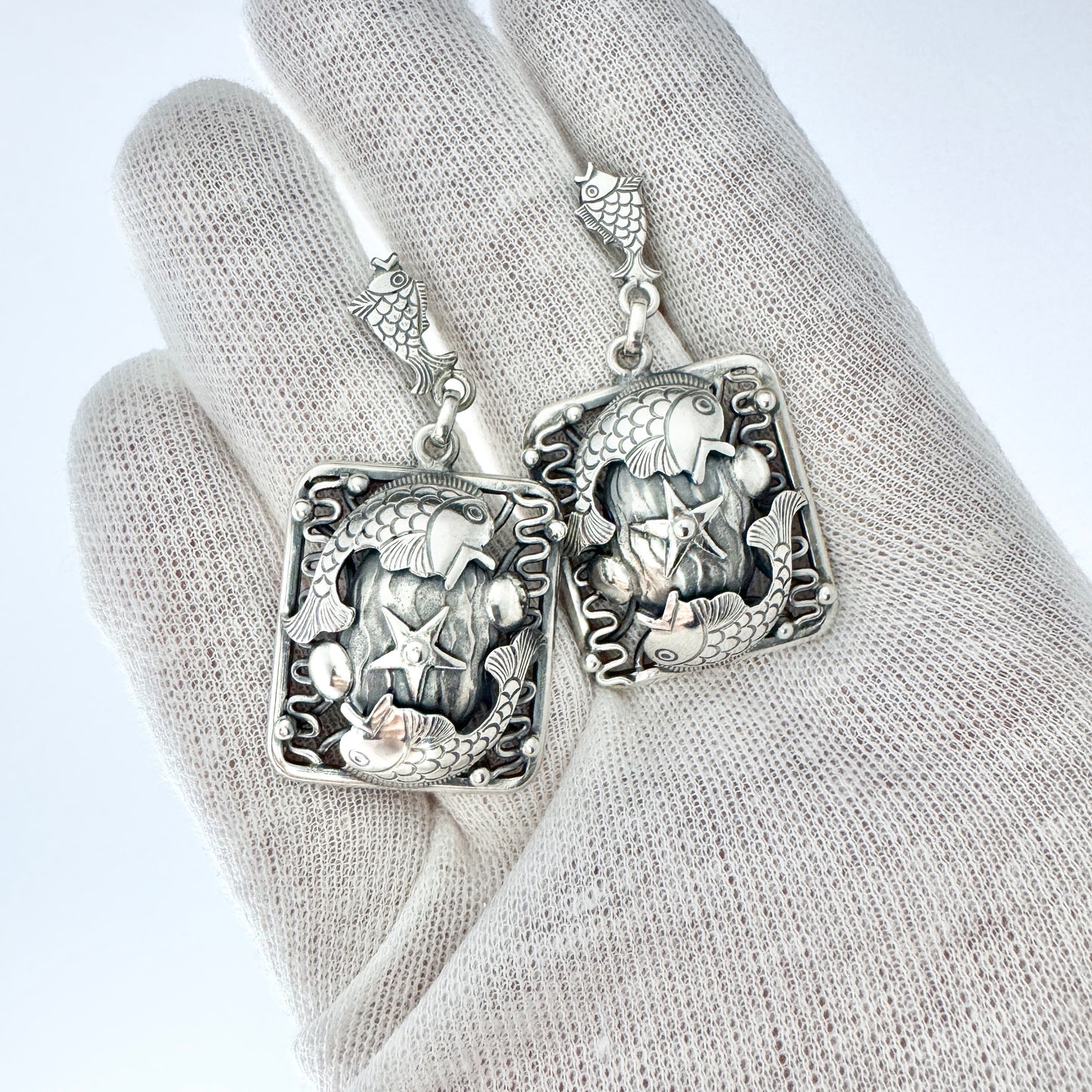 Leif Ulrich Daurup, Denmark c 1950s. Vintage Sterling Silver Fish Earrings.