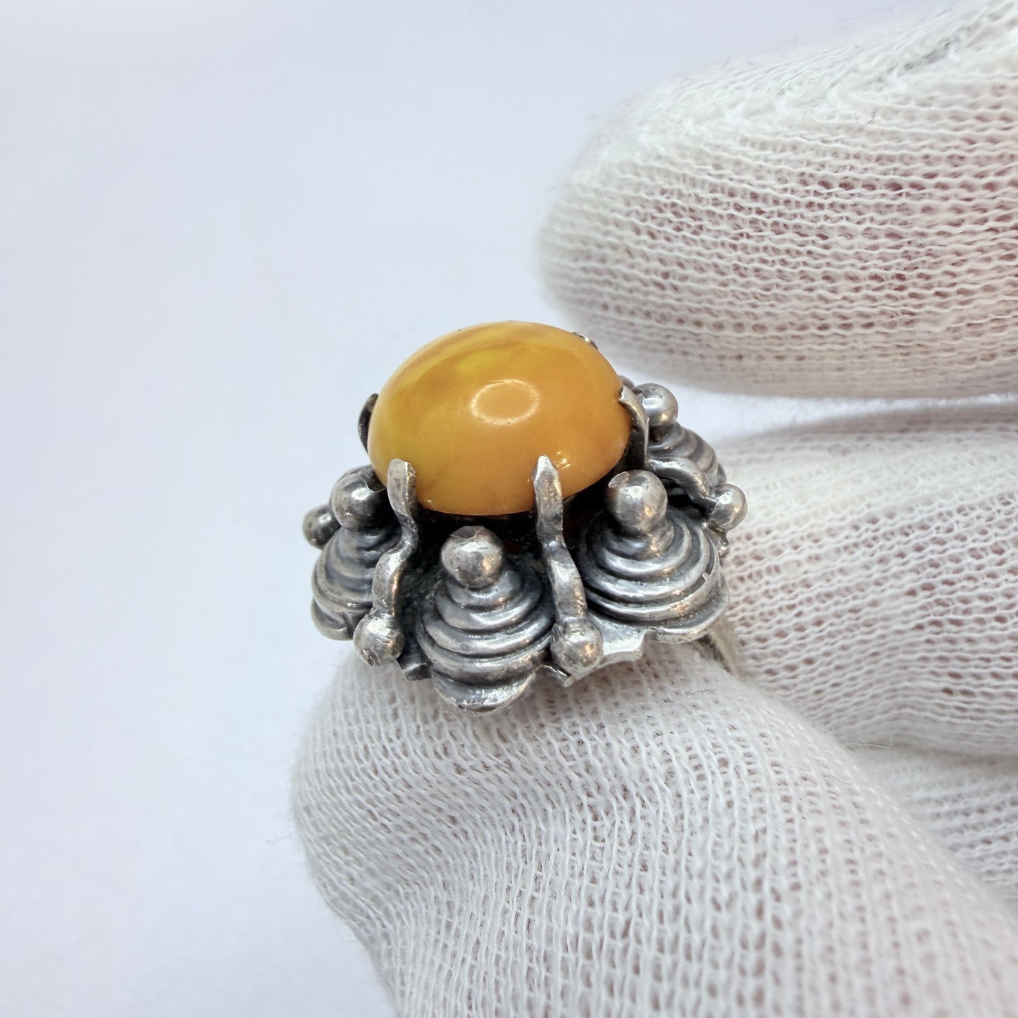 Kalupe, Latvia 1960s. Vintage Space Age Sterling Silver Amber Ring.
