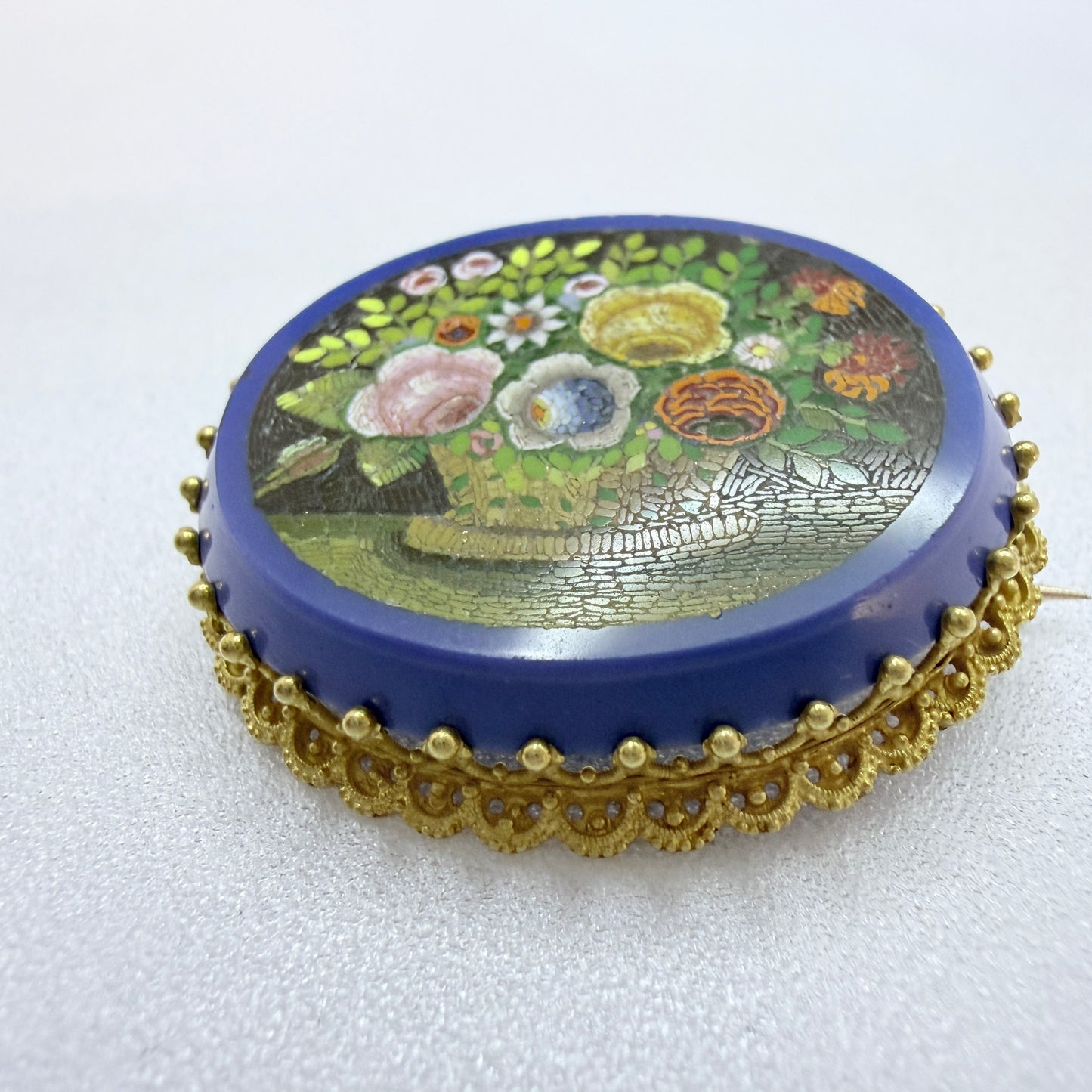 Antique Victorian 18k Gold Micro Mosaic Brooch.