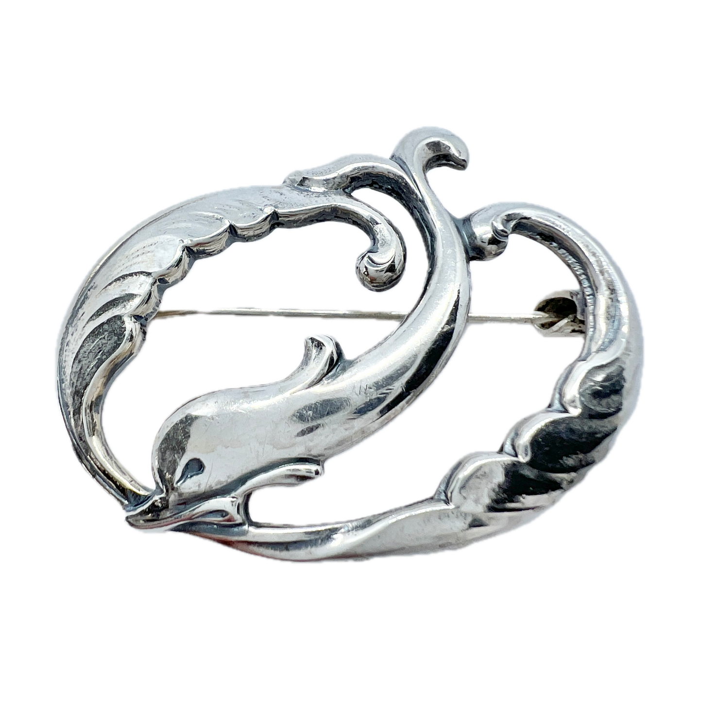 Denmark c 1950s. Solid Silver Dolphin Brooch.