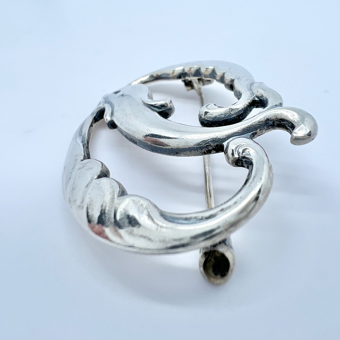 Denmark c 1950s. Solid Silver Dolphin Brooch.