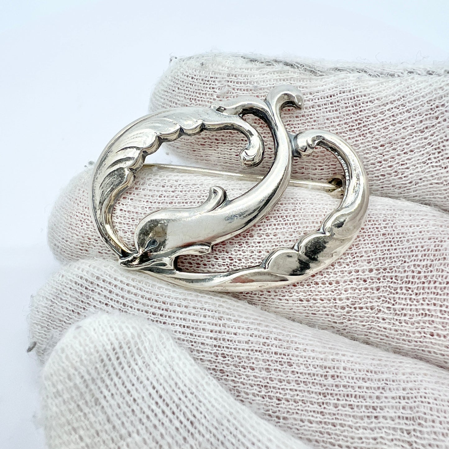 Denmark c 1950s. Solid Silver Dolphin Brooch.