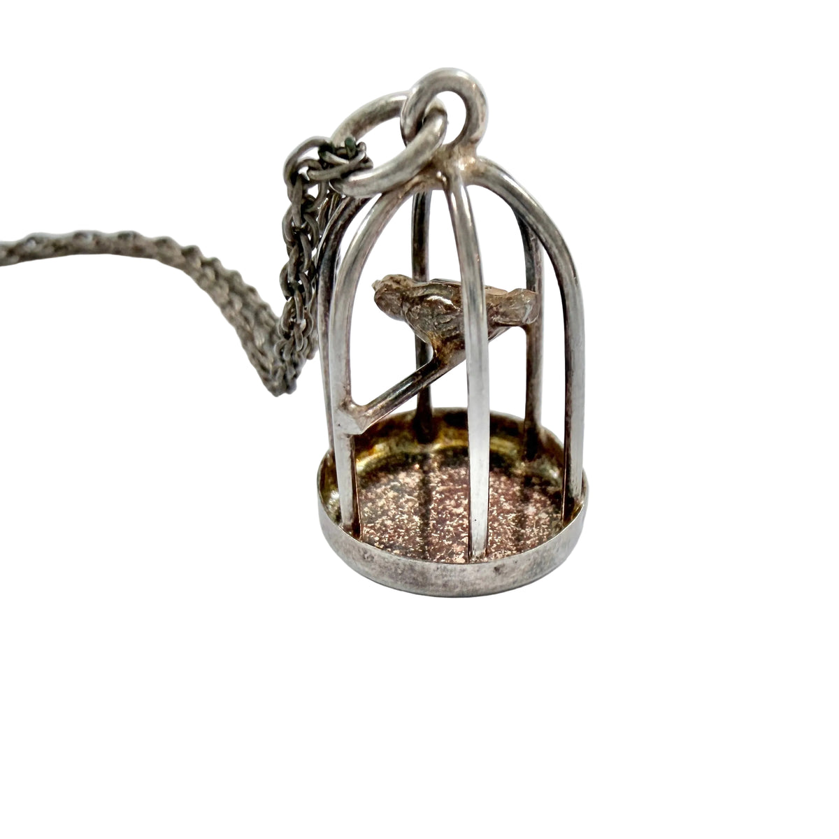 Vintage 1940-50s Solid Silver Caged Bird Pendant Necklace.