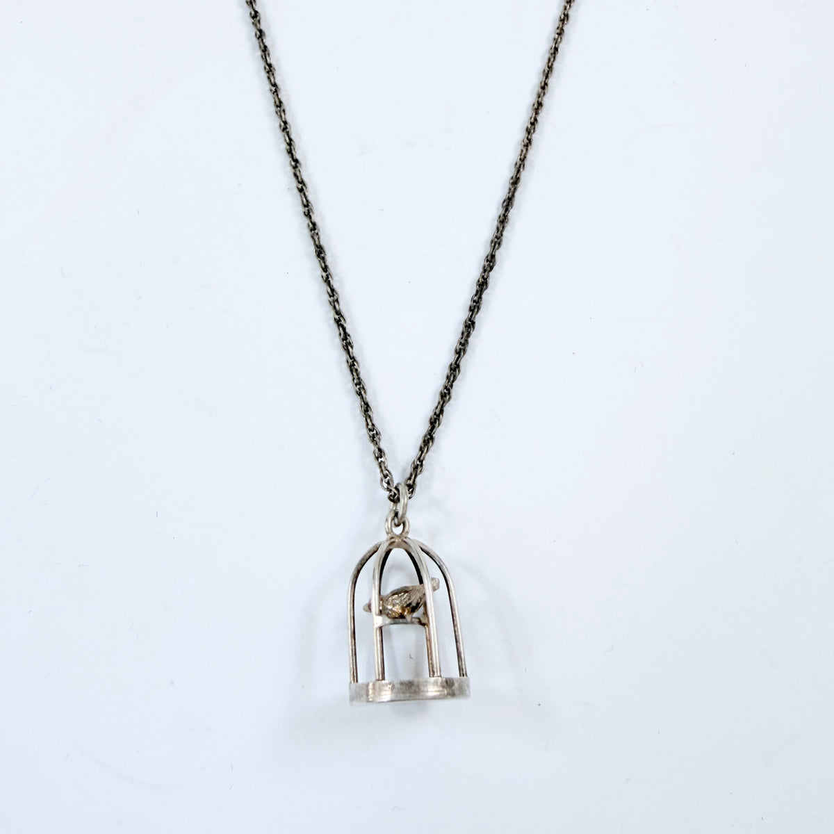 Vintage 1940-50s Solid Silver Caged Bird Pendant Necklace.