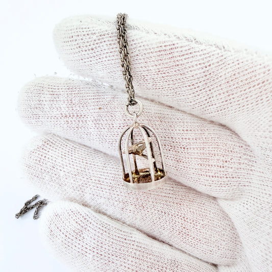 Vintage 1940-50s Solid Silver Caged Bird Pendant Necklace.