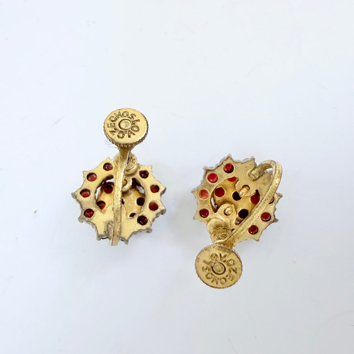 Czechoslovakia. Vintage Bohemian Garnet Gilt Metal Earrings
