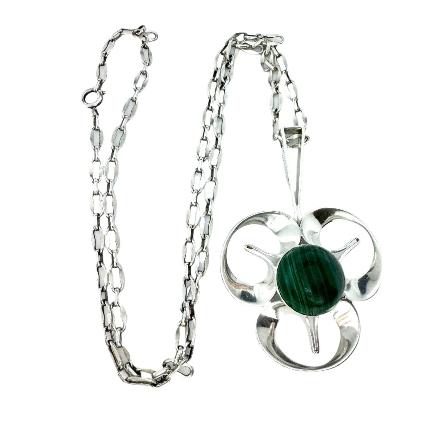 Theresia Hvorslev for Alton, Sweden 1973. Vintage Sterling Silver Malachite Pendant Necklace. Signed.