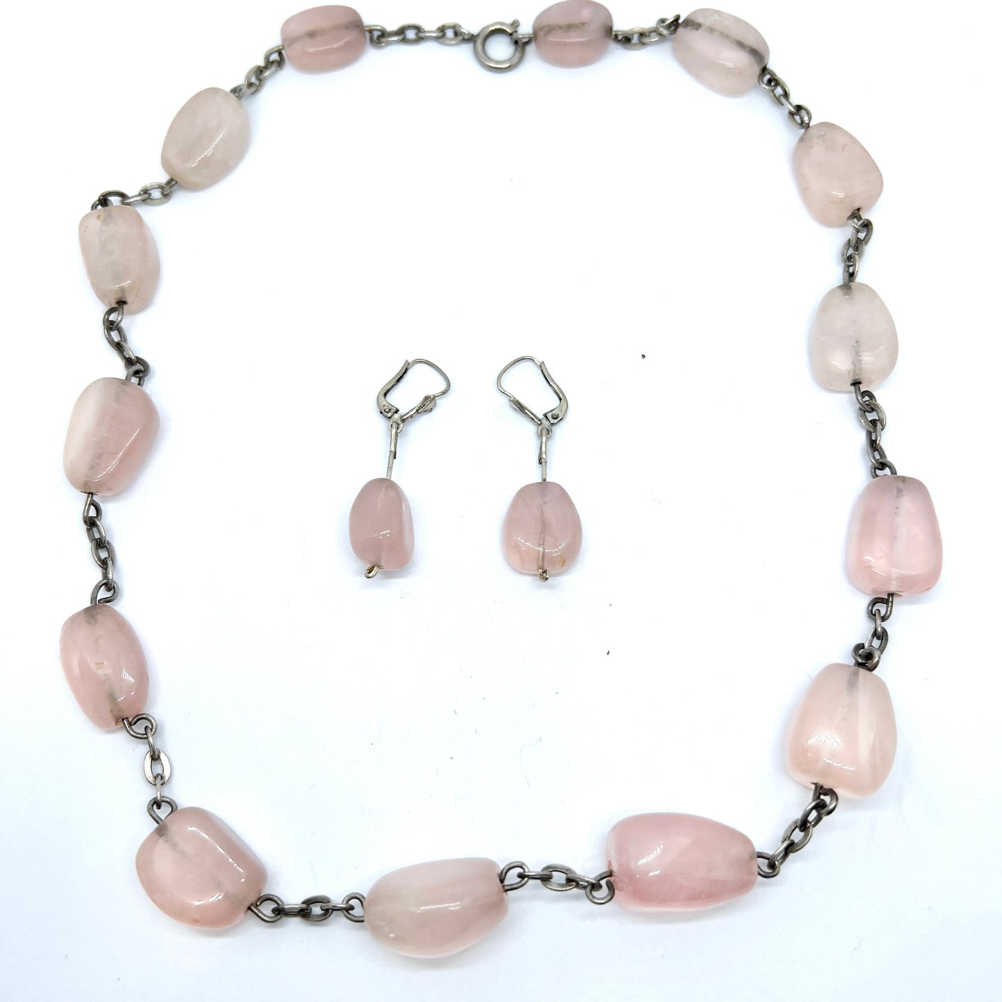 Vintage c 1950s Solid Silver Rose Quartz Necklace + Earrings.