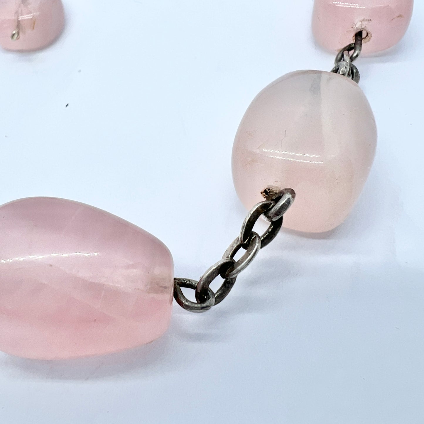 Vintage c 1950s Solid Silver Rose Quartz Necklace + Earrings.