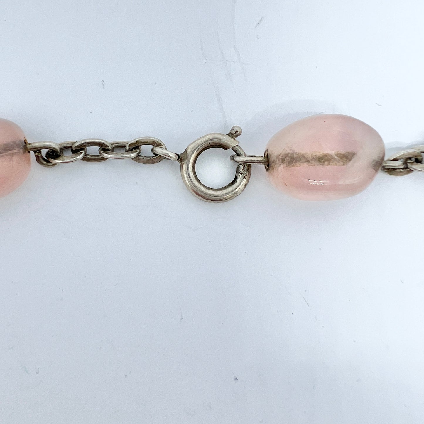 Vintage c 1950s Solid Silver Rose Quartz Necklace + Earrings.