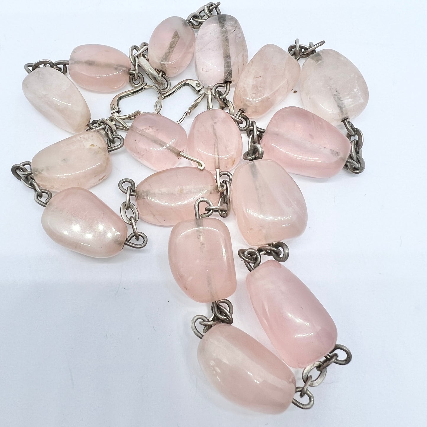 Vintage c 1950s Solid Silver Rose Quartz Necklace + Earrings.