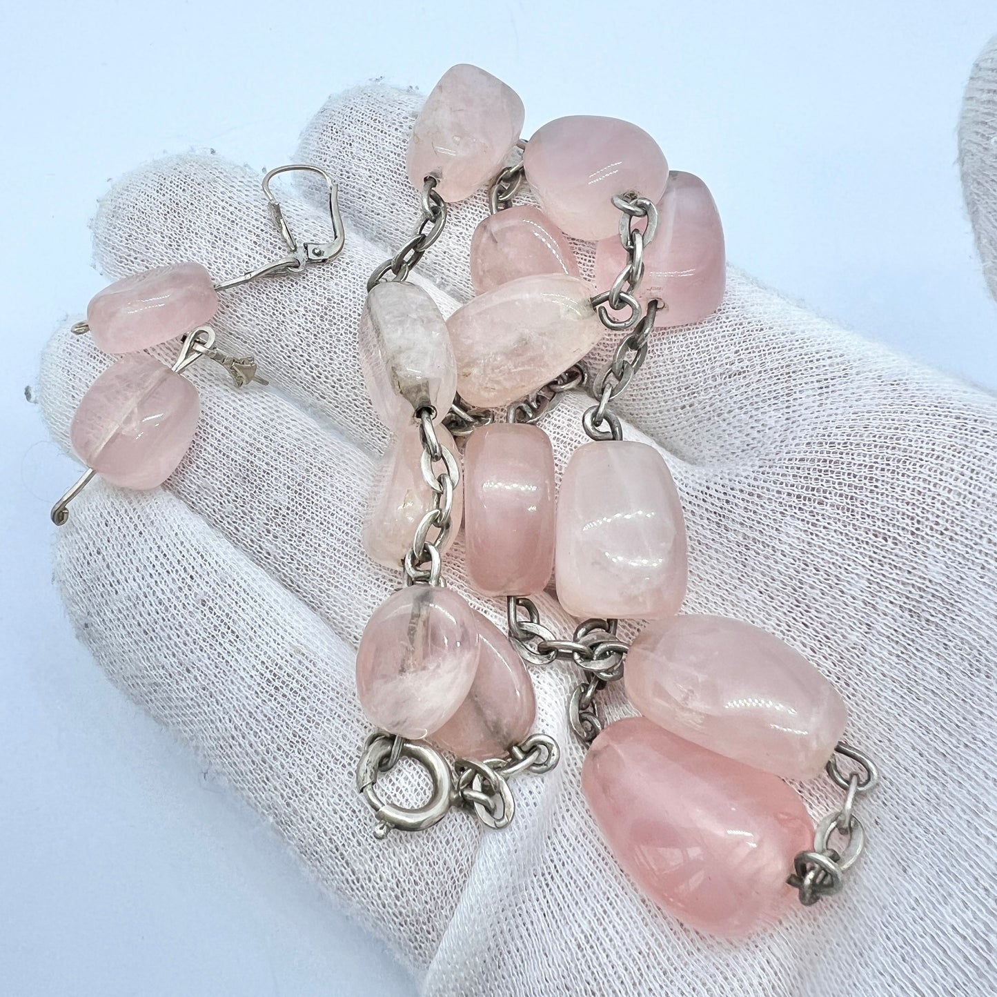 Vintage c 1950s Solid Silver Rose Quartz Necklace + Earrings.