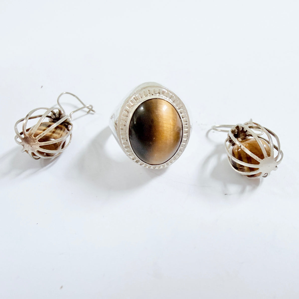 Poland 1970s. Vintage Solid Silver Tiger's Eye Adjustable Size Ring + Earrings