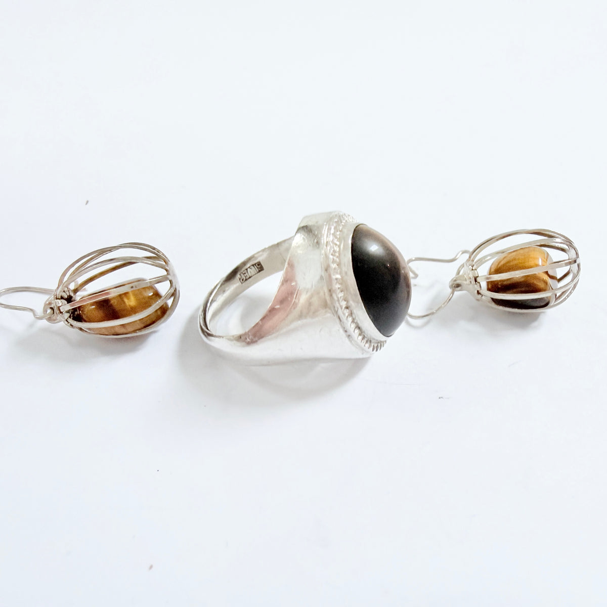 Poland 1970s. Vintage Solid Silver Tiger's Eye Adjustable Size Ring + Earrings