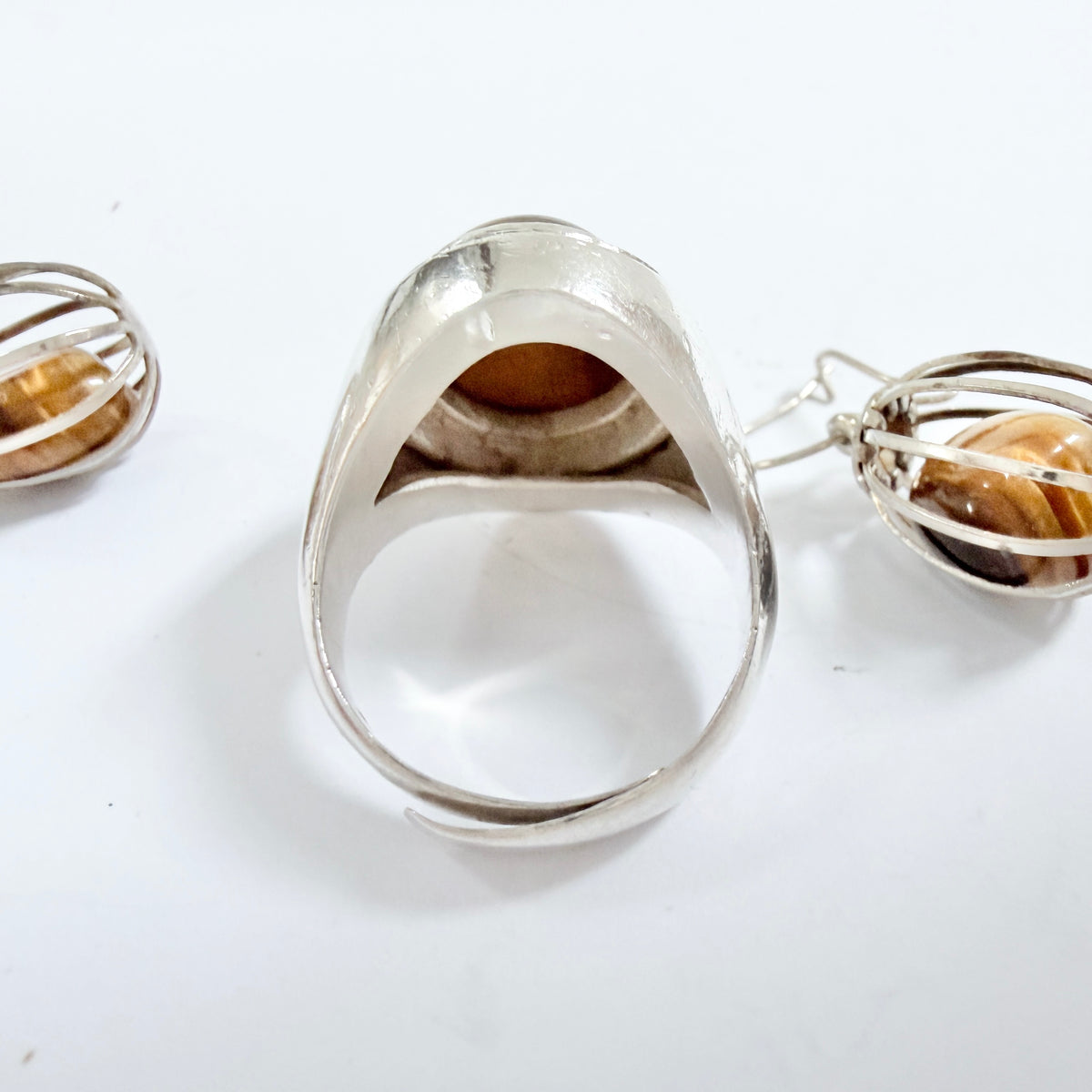 Poland 1970s. Vintage Solid Silver Tiger's Eye Adjustable Size Ring + Earrings
