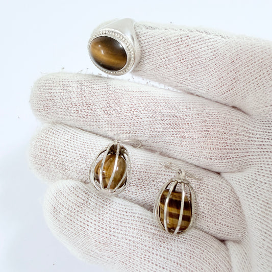 Poland 1970s. Vintage Solid Silver Tiger's Eye Adjustable Size Ring + Earrings