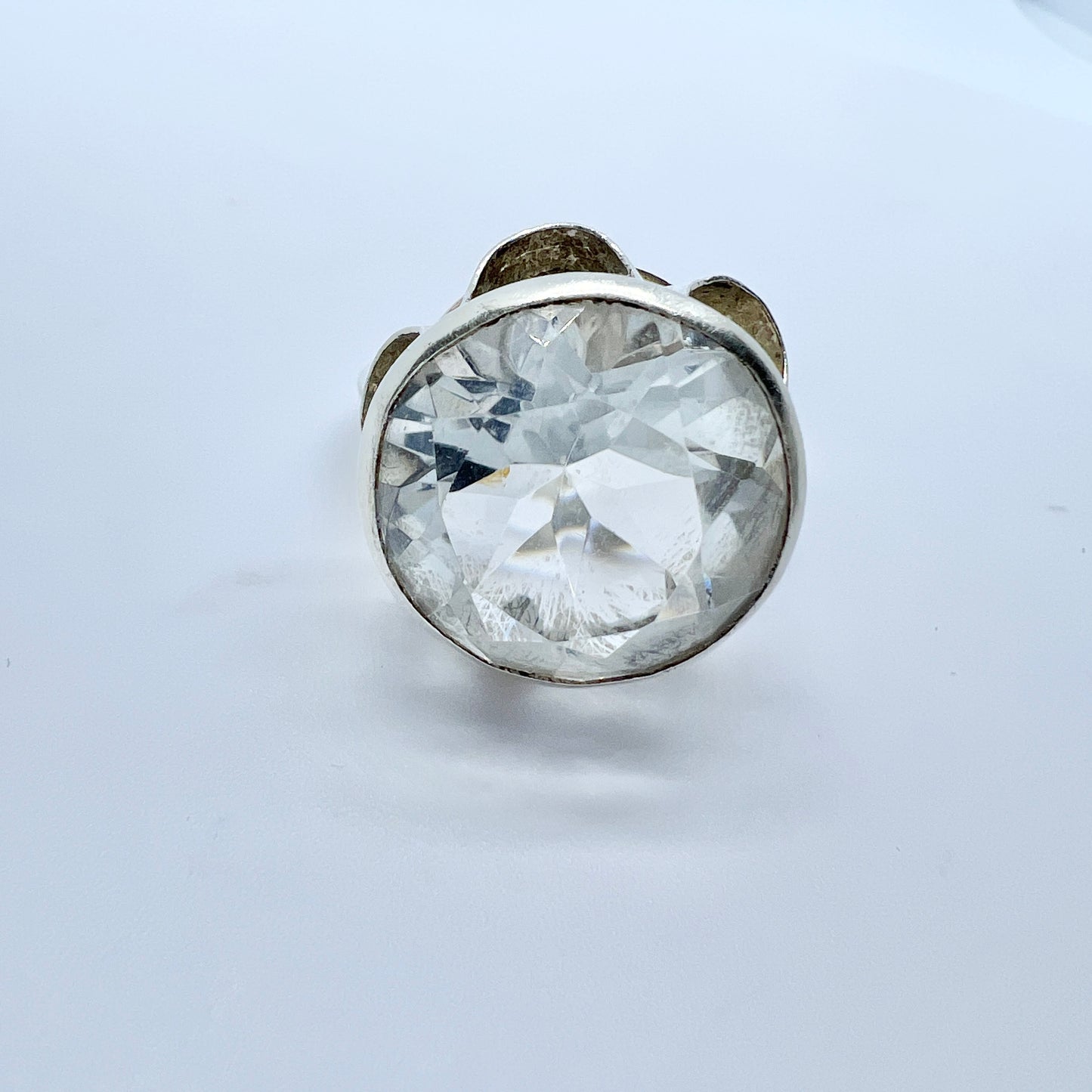 Vintage 1970s Scandinavian Solid Silver Rock Crystal Ring.