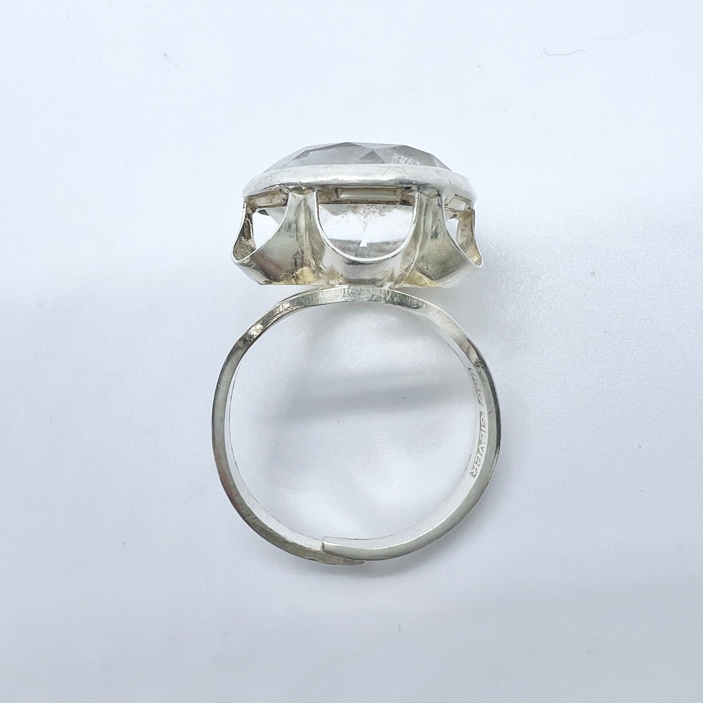 Vintage 1970s Scandinavian Solid Silver Rock Crystal Ring.