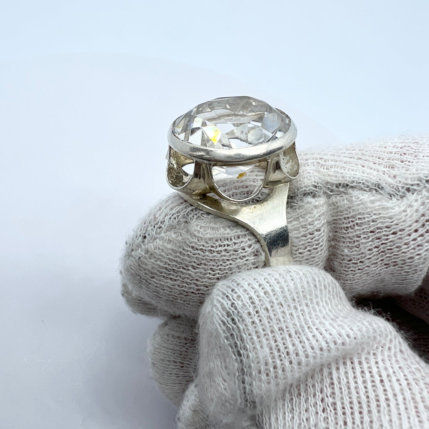 Vintage 1970s Scandinavian Solid Silver Rock Crystal Ring.