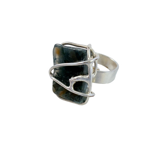 WIGGERS, Denmark ca 1970. Vintage Moss Agate Silver-plated Ring.