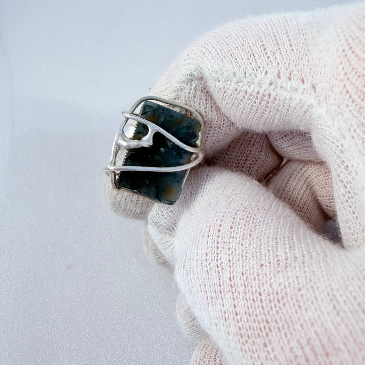 WIGGERS, Denmark ca 1970. Vintage Moss Agate Silver-plated Ring.