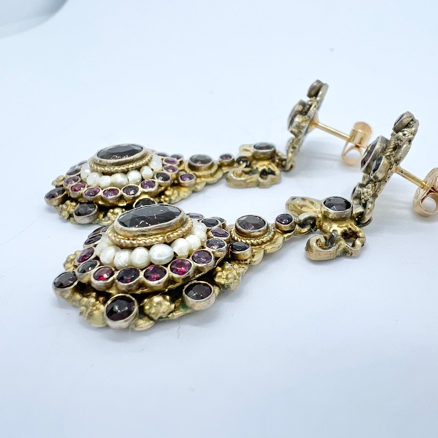 Hungary early 1900s. Gilt Silver Bohemian Garnet Seed Pearl Paste Earrings.