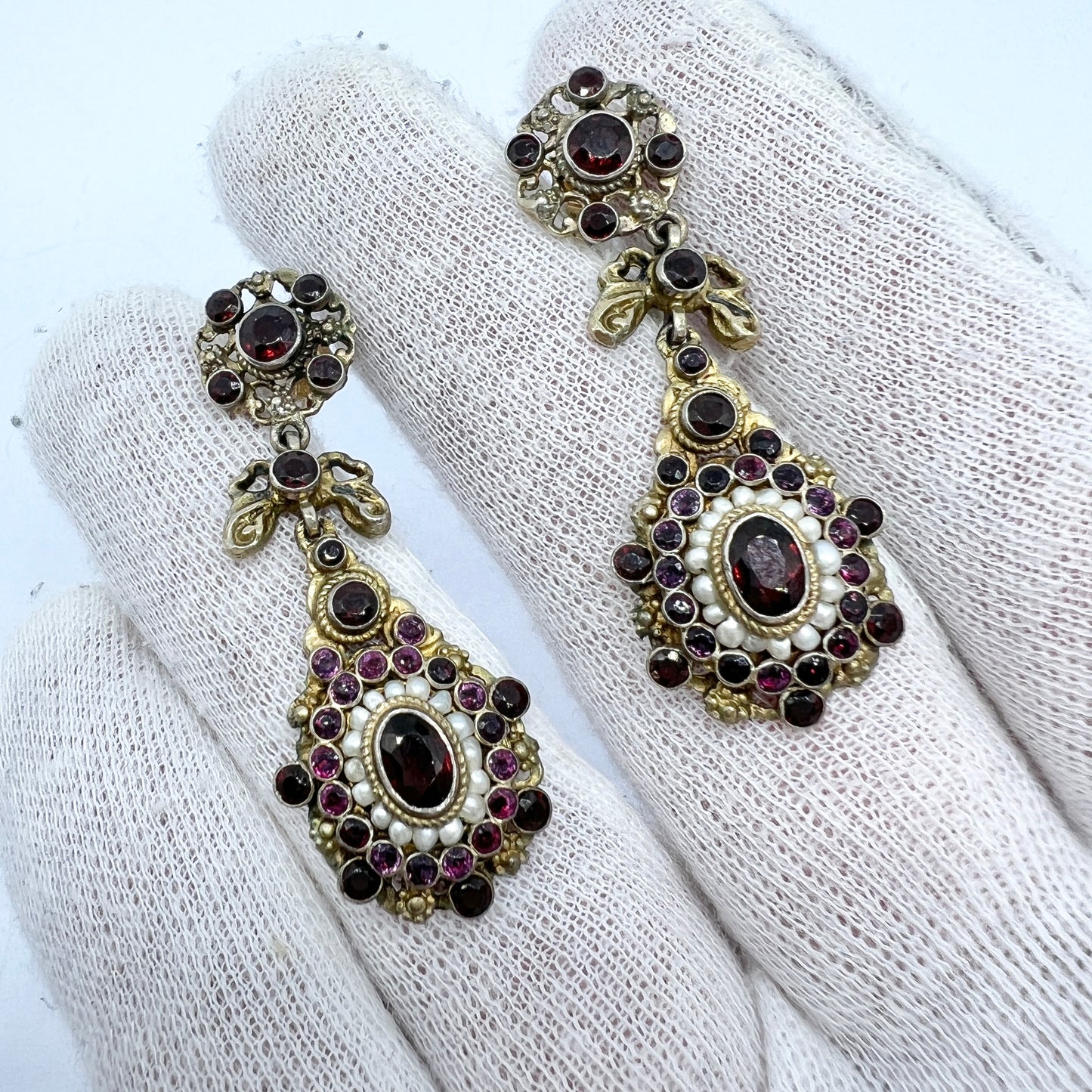 Hungary early 1900s. Gilt Silver Bohemian Garnet Seed Pearl Paste Earrings.