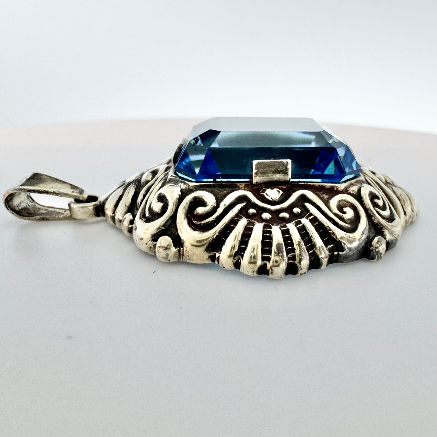 Per Emilson, Sweden 1948. Vintage Sterling Silver Intense Blue Synthetic Spinel Pendant.