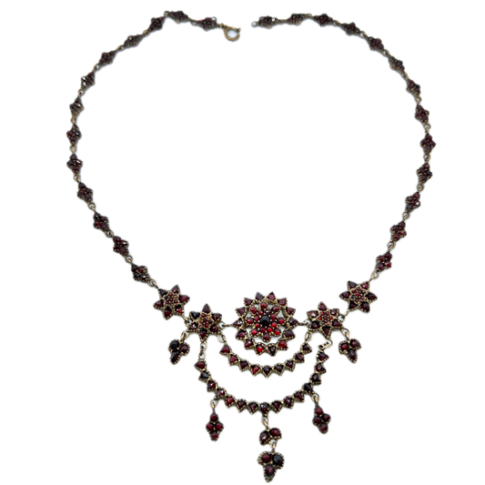 Antique late Victorian Bohemian Garnet Cluster Gilt Metal Necklace.