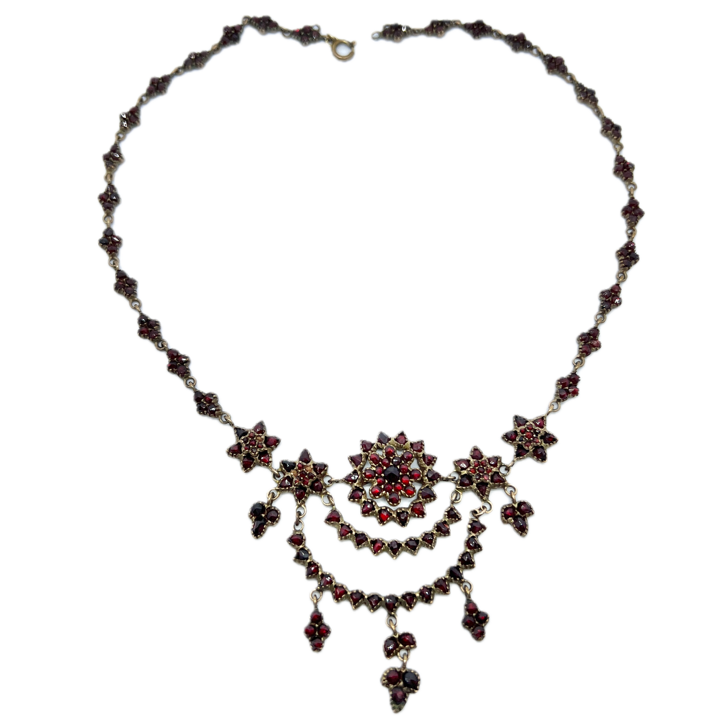 Antique late Victorian Bohemian Garnet Cluster Gilt Metal Necklace.