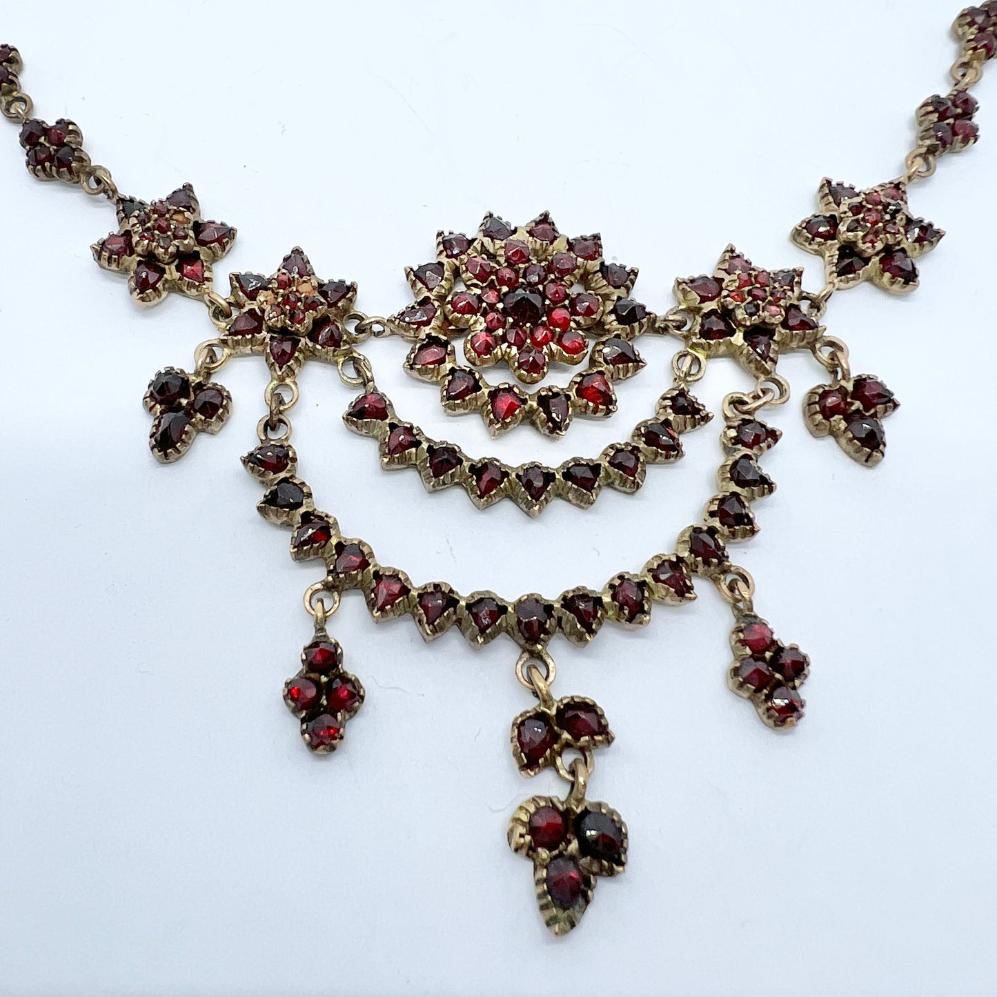 Antique late Victorian Bohemian Garnet Cluster Gilt Metal Necklace.