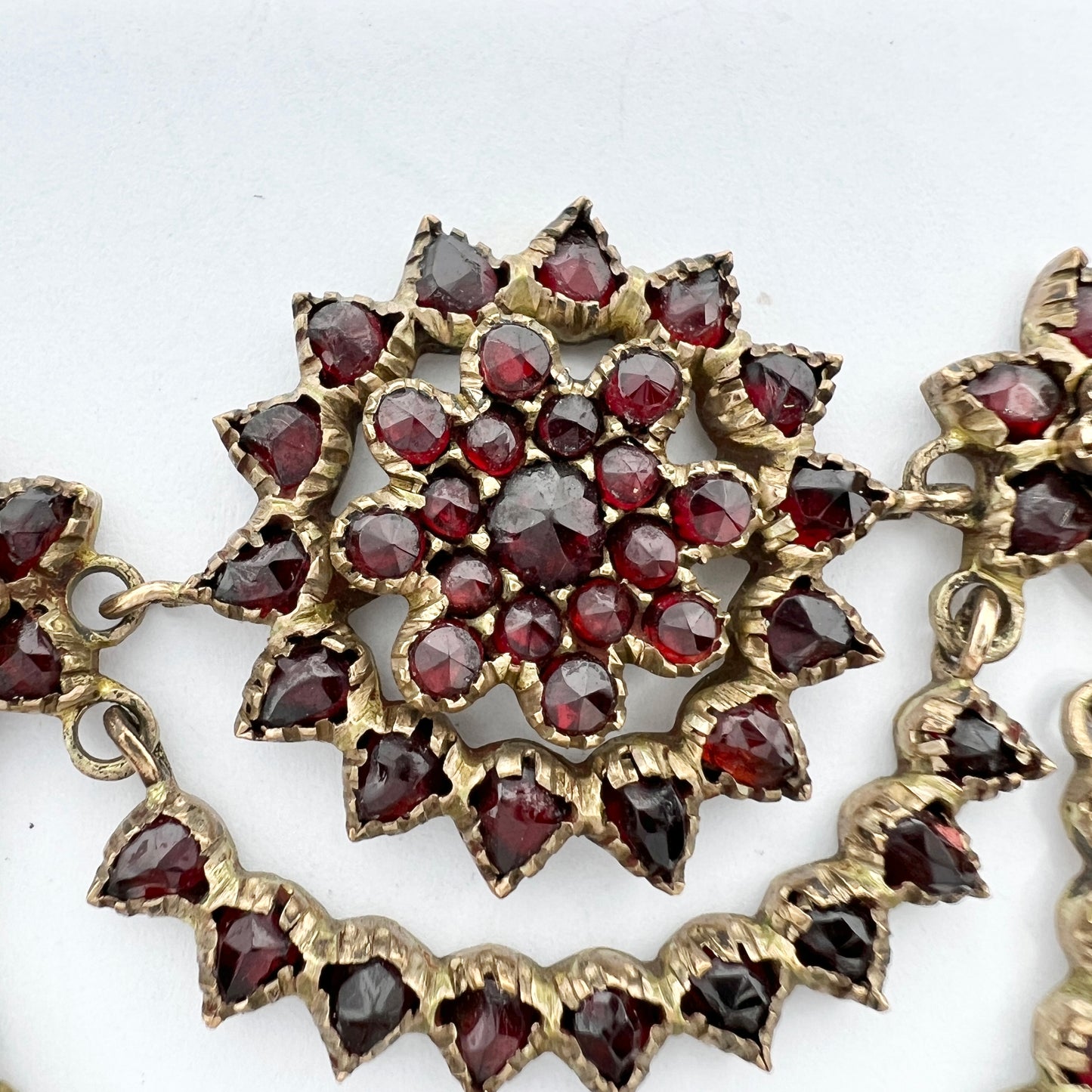 Antique late Victorian Bohemian Garnet Cluster Gilt Metal Necklace.