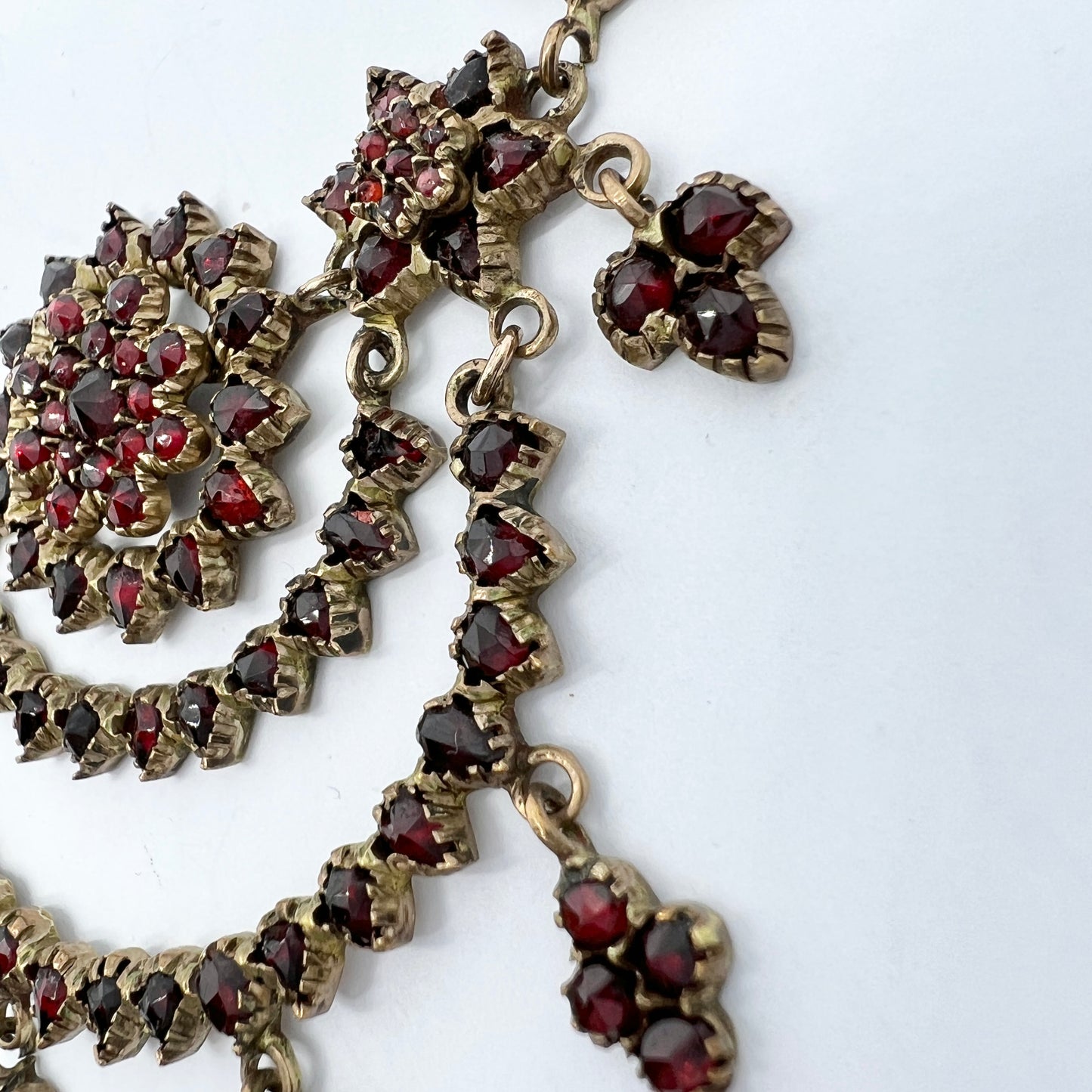 Antique late Victorian Bohemian Garnet Cluster Gilt Metal Necklace.