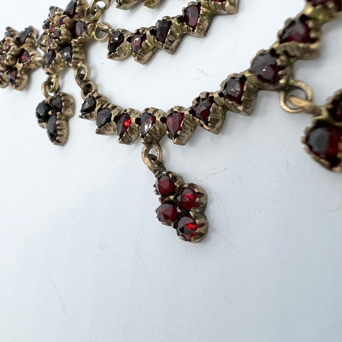 Antique late Victorian Bohemian Garnet Cluster Gilt Metal Necklace.