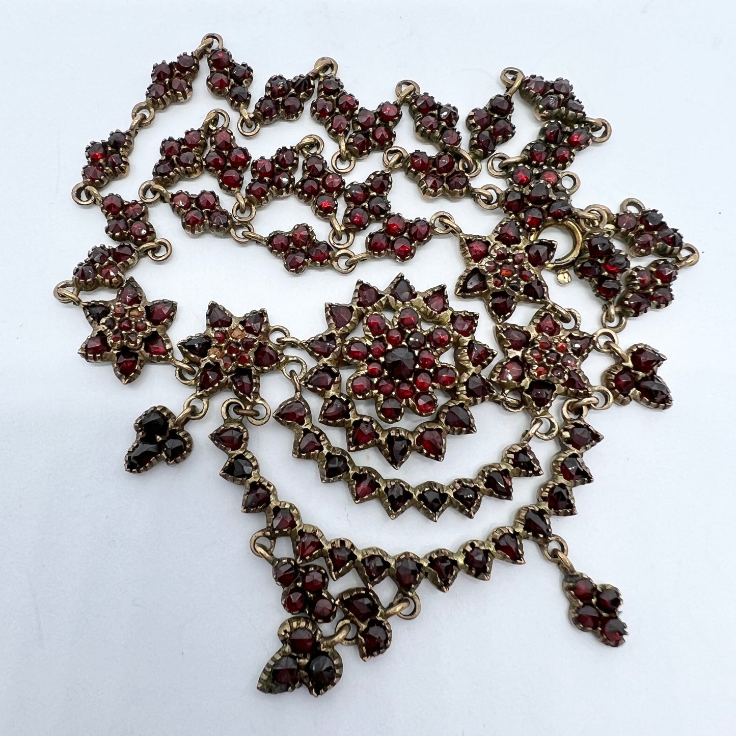 Antique late Victorian Bohemian Garnet Cluster Gilt Metal Necklace.