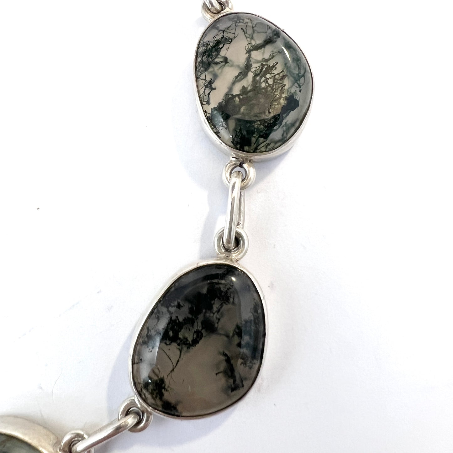 GUSSI, Sweden 1963. Vintage Sterling Silver Moss Agate Necklace.