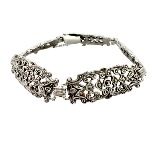 Vintage 1940s. Solid Silver Marcasite Bracelet.