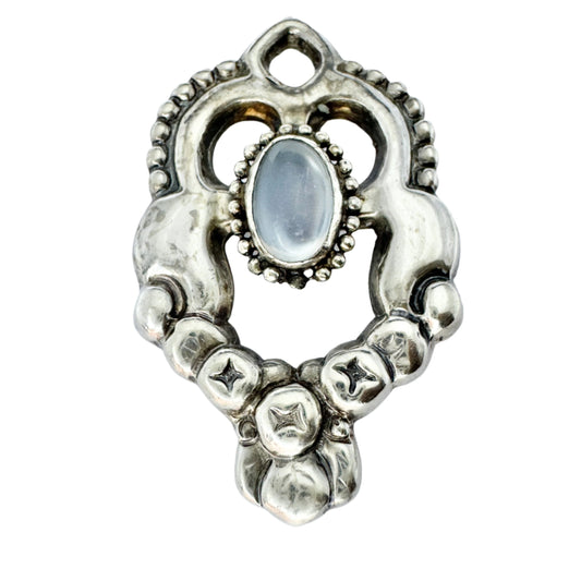 Grann & Laglye, Denmark c 1910s. Antique Art Nouveau 830 Silver Moonstone Brooch.