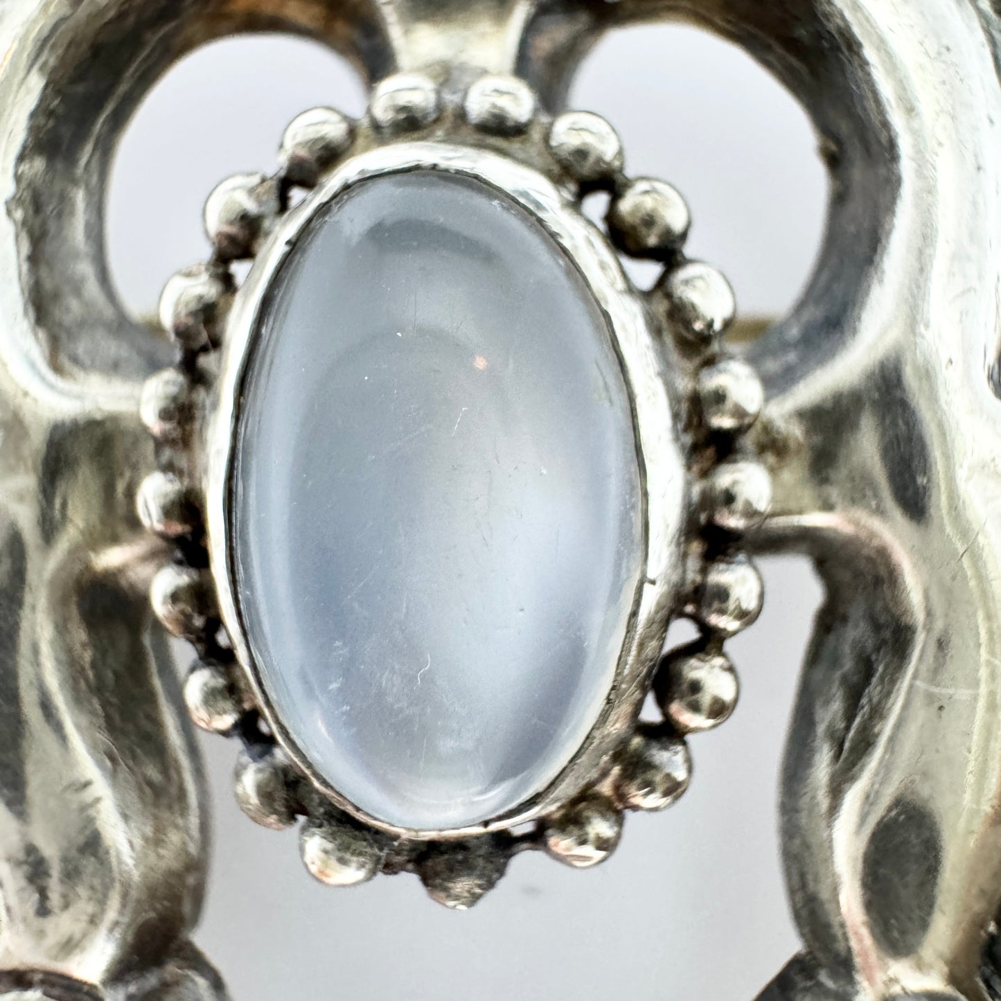 Grann & Laglye, Denmark c 1910s. Antique Art Nouveau 830 Silver Moonstone Brooch.