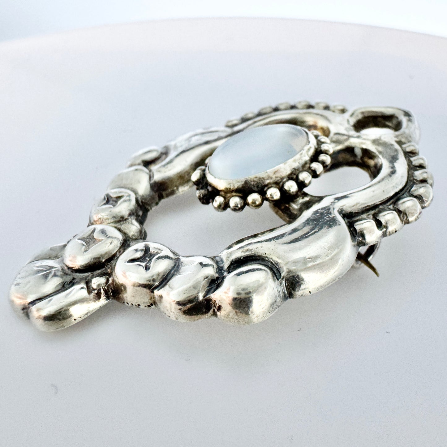 Grann & Laglye, Denmark c 1910s. Antique Art Nouveau 830 Silver Moonstone Brooch.