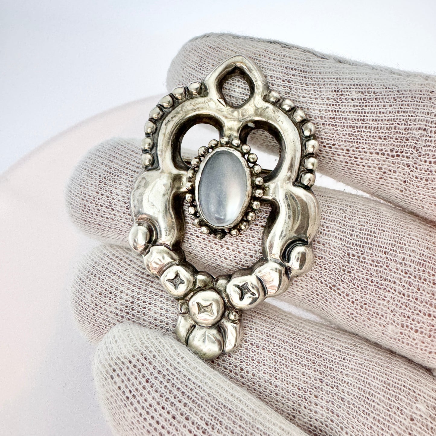 Grann & Laglye, Denmark c 1910s. Antique Art Nouveau 830 Silver Moonstone Brooch.