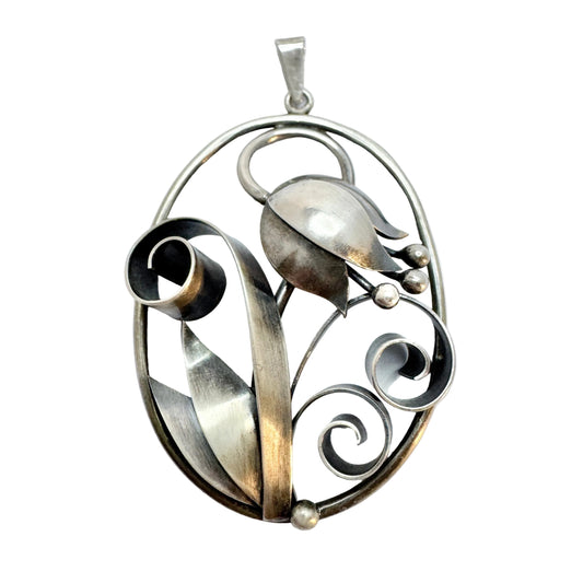 Kaplan, Sweden 1949. Large Vintage Solid Silver Floral Pendant.
