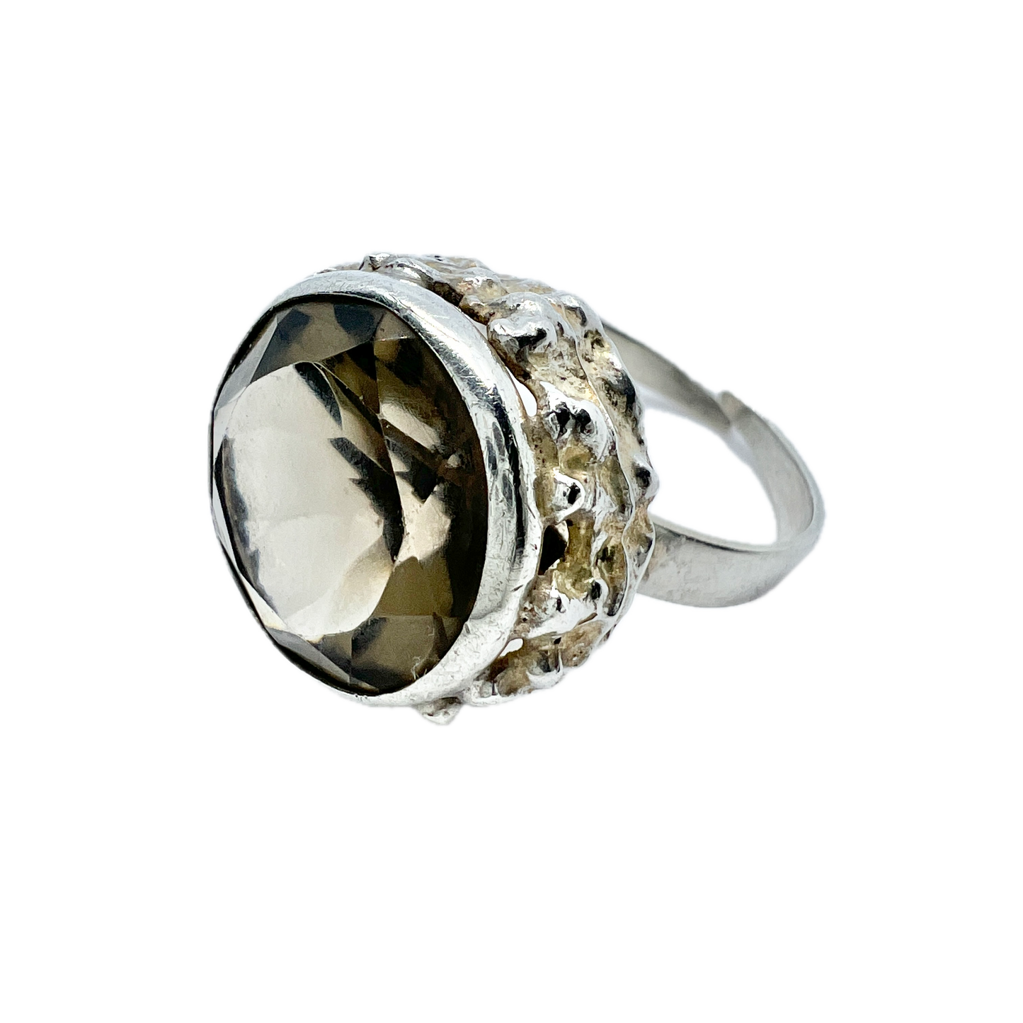 Vintage 1970s. Solid Silver Smoky Quartz Ring.