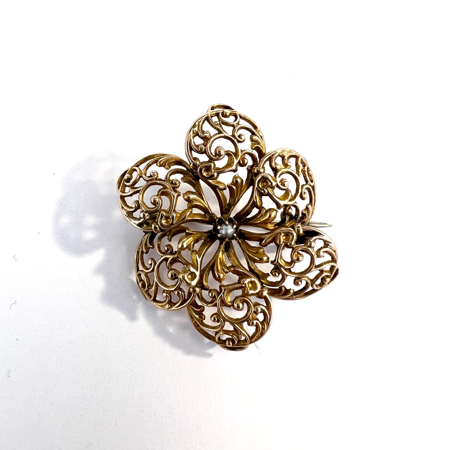 Victorian 12k Gold Open Work Seed Pearl Brooch.