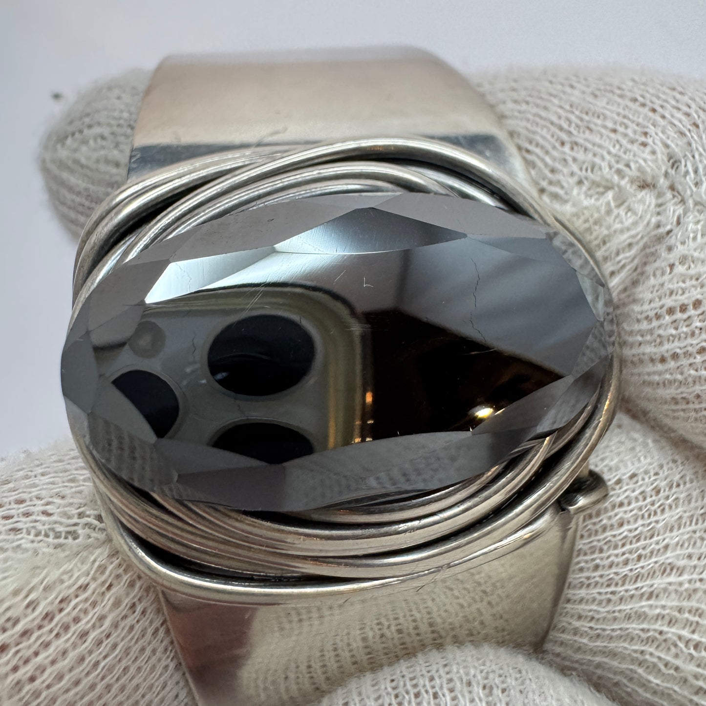 REBAJES, USA. Vintage Modernist Sterling Silver Onyx Cuff Bracelet.